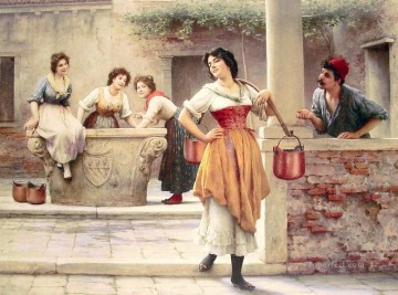  Eugene Oil Painting - Flirtation at the Well lady Eugene de Blaas